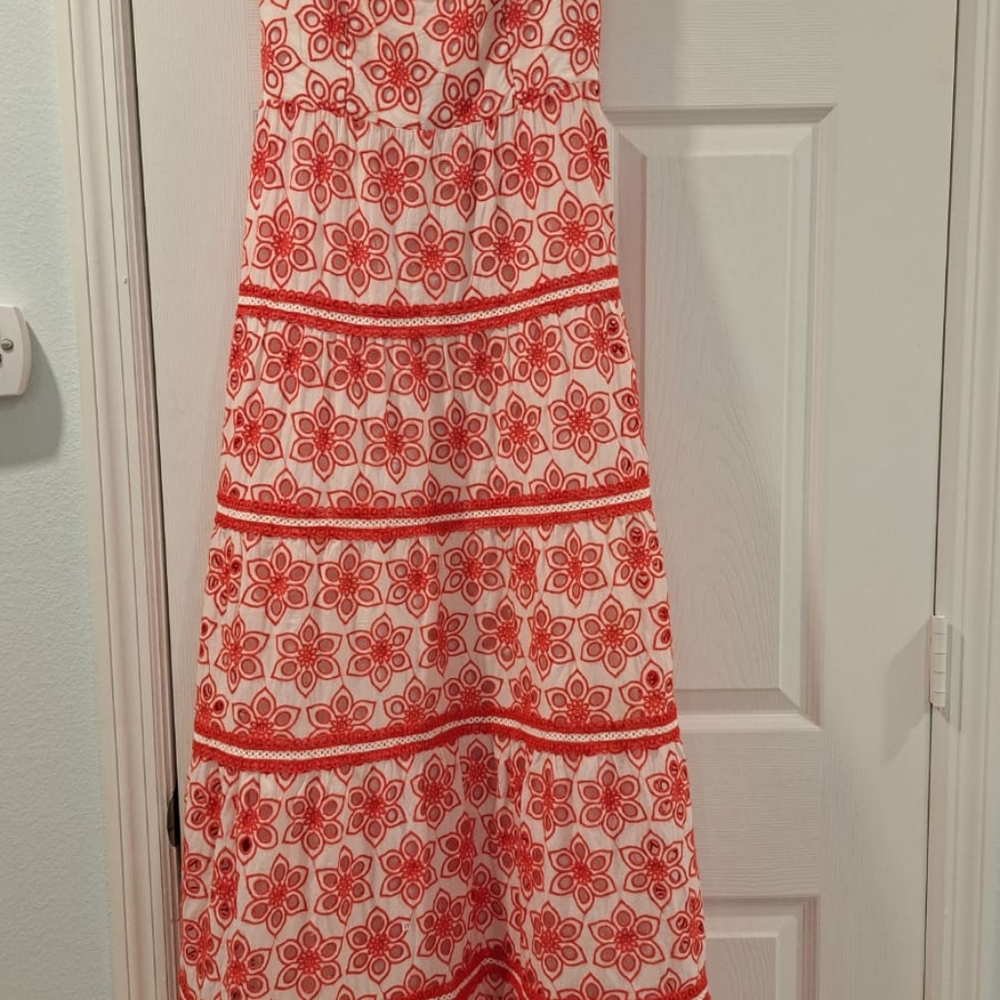 Alice + Olivia White Maxi Dress with Red Floral Eyelet Pattern - Picture 9 of 12